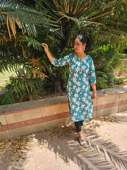 Teal Blue Floral Straight Kurti