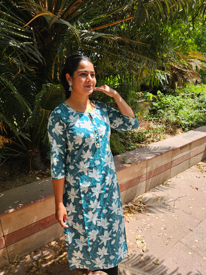 Teal Blue Floral Straight Kurti