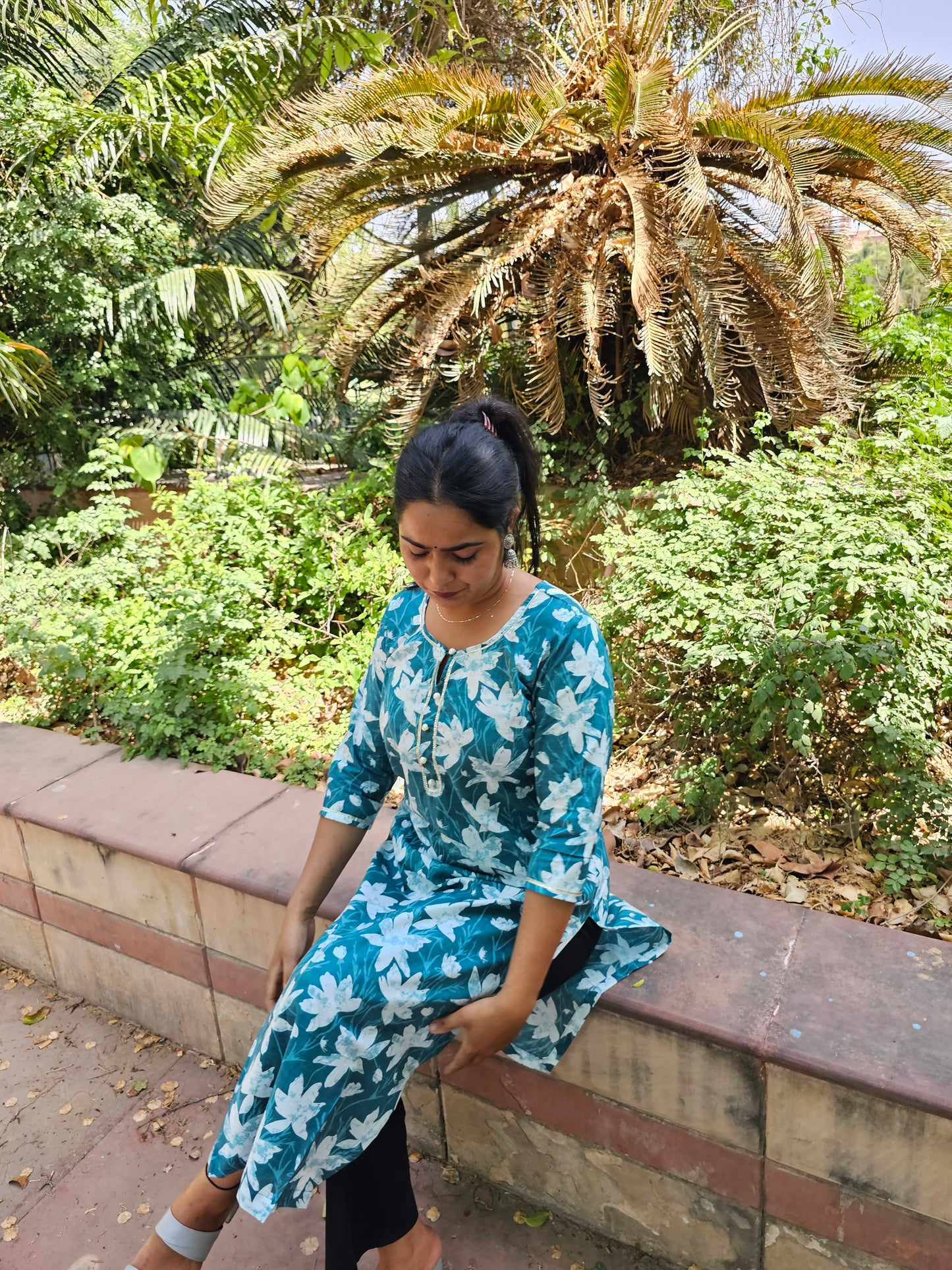 Teal Blue Floral Straight Kurti