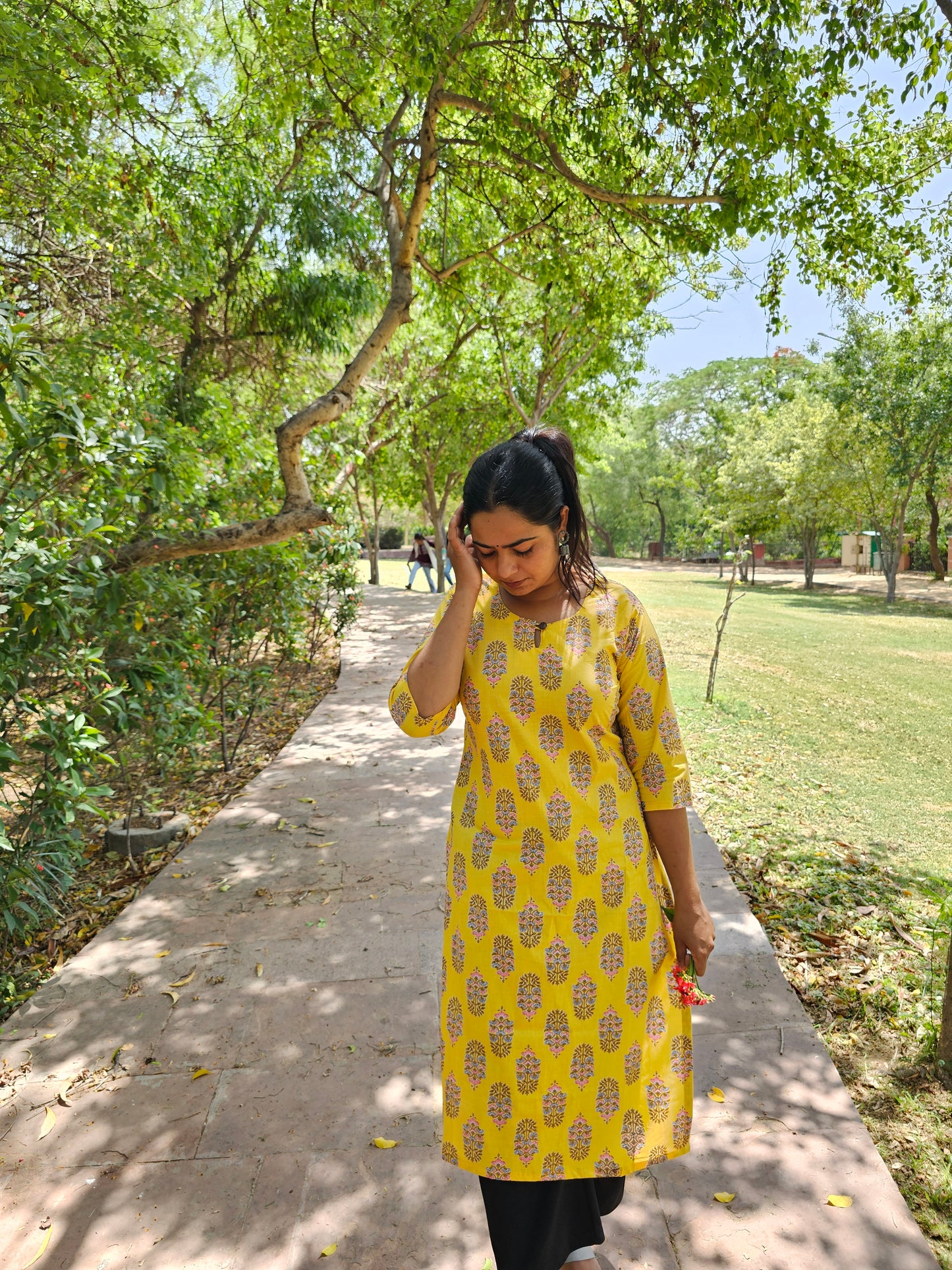 Yellow Handblock Printed Straight Kurti