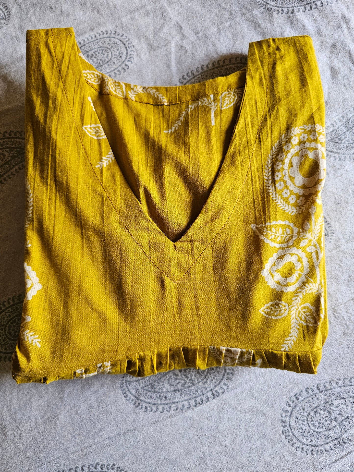 Mustard Yellow Hand-Printed Noor Round Kurti