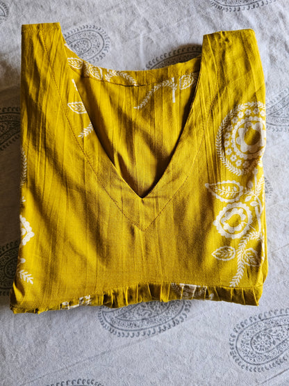 Mustard Yellow Hand-Printed Noor Round Kurti
