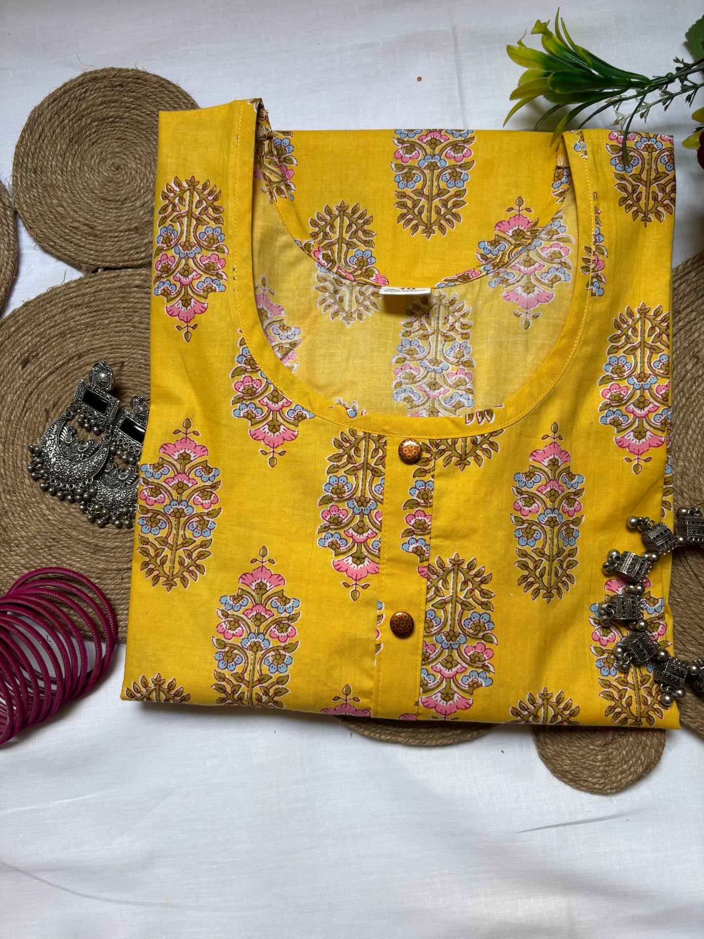 Yellow Handblock Printed Straight Kurti