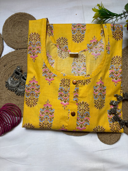 Yellow Handblock Printed Straight Kurti