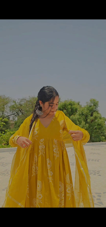 Mustard Yellow Hand-Printed Noor Round Kurti